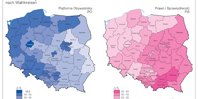 Karte: Polen: Wahlen zum Sejm 2007 – Stimmenanteil von PO und PiS