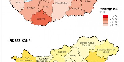 Karte: Ungarn: Parlamentswahlen 2006 – Stimmenanteil von MSZP und Fidesz/KDNP