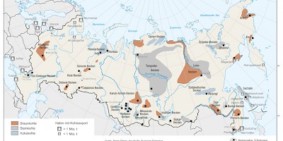 Karte: Russland: Kohlevorkommen und Häfen mit Kohleexport (2011)