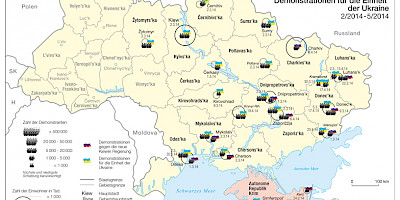 Karte: Ukraine: Anti-Maidan-Proteste und Demonstrationen für die Einheit der Ukraine 2-5/2014