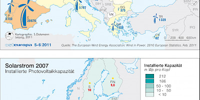 Karte: Europa: Solarstrom und Windenergie