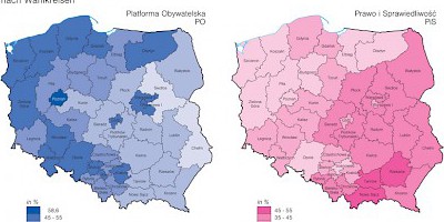 Karte: Polen: Wahlen zum Sejm 2007 – Stimmenanteil von PO und PiS