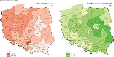 Karte: Polen: Wahlen zum Sejm 2007 – Stimmenanteil von LiD und PSL