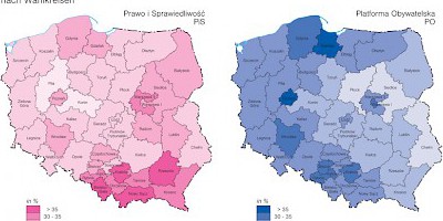 Karte: Polen: Wahlen zum Sejm 2005 – Stimmenanteil von PiS und PO