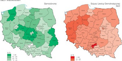 Karte: Polen: Wahlen zum Sejm 2005 – Stimmenanteil von Samoobrona und SLD