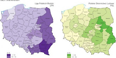 Karte: Polen: Wahlen zum Sejm 2005 – Stimmenanteil von LPR und PSL