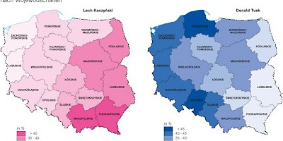 Karte: Polen: Präsidentschaftswahl 2005. Erster Wahlgang – Stimmanteile von L. Kaczyński und D. Tusk