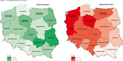 Karte: Polen: Präsidentschaftswahl 2005. Erster Wahlgang – Stimmanteile von A. Lepper und M. Borowski