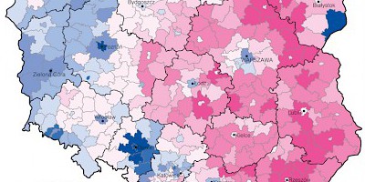 Karte: Polen: Präsidentschaftswahl 2005. Zweiter Wahlgang – Stimmanteile von L. Kaczyński und D. Tusk