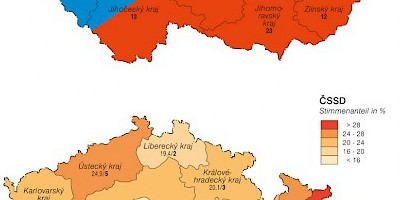 Karte: Tschechien: Parlamentswahlen 2010 – Mandate und Stimmenanteil ČSSD