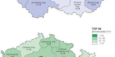 Karte: Tschechien: Parlamentswahlen 2010 – Stimmenanteil von ODS und TOP 09