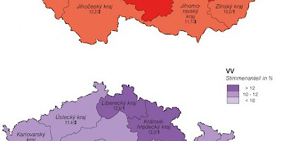 Karte: Tschechien: Parlamentswahlen 2010 – Stimmenanteil von KSČM und VV