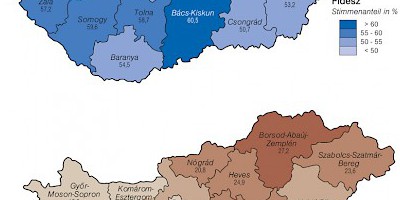 Karte: Ungarn: Parlamentswahlen 2010 – Stimmenanteil von Fidesz und Jobbik