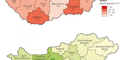 Karte: Ungarn: Parlamentswahlen 2010 – Stimmenanteil von MSZP und LMP
