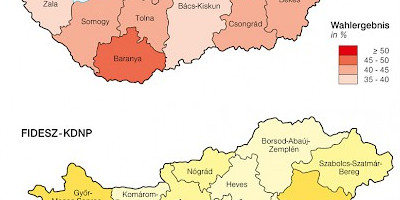 Karte: Ungarn: Parlamentswahlen 2006 – Stimmenanteil von MSZP und Fidesz/KDNP
