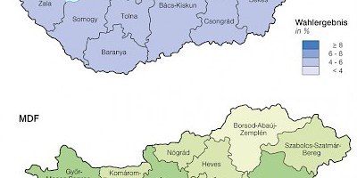 Karte: Ungarn: Parlamentswahlen 2006 – Stimmenanteil von SZDSZ und MDF