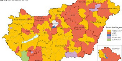 Karte: Ungarn: Parlamentswahlen 2006 – Erfolgreiche Parteien in der Mehrheitswahl