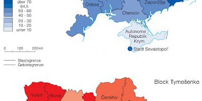 Karte: Ukraine: Parlamentswahl 2007 – Stimmenanteil von Partei der Regionen und Block Timošenko
