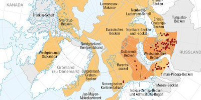 Karte: Erdgasprovinzen der Arktis mit erwartbaren Ressourcen