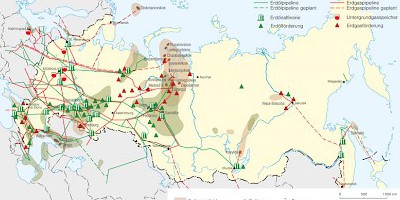 Karte: Russland: Erdgas- und Erdölinfrastruktur mit Pipelinenetz