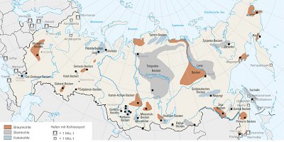 Karte: Russland: Kohlevorkommen und Häfen mit Kohleexport