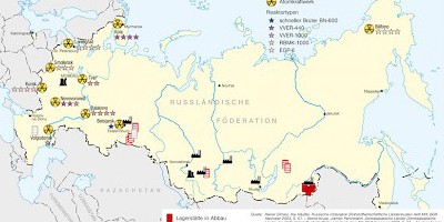 Karte: Uran: Lagerstätten, Bergwerke, Verarbeitungsbetriebe und Atomkraftwerke in Russland