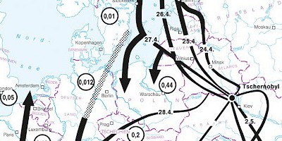 Karte: Europa: Vorherrschende Windrichtungen und Radioaktivität (mR/h) vom 24.4 bis 2.5.1986 (Tschernobyl-Unfall)