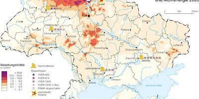 Karte: Ukraine: Belastung der Böden mit Cäsium-137, 1990 und Atomenergie 2005