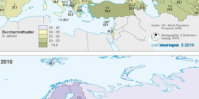 Karte: Europa: Durchschnittsalter der Bevölkerung 1950 und 2010