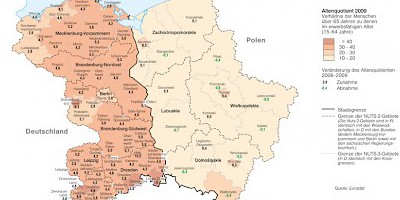 Karte: Deutsch-polnisches Grenzgebiet: Bevölkerungsalterung