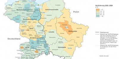 Karte: Deutsch-polnisches Grenzgebiet: Bevölkerungsentwicklung