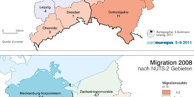 Karte: Deutsch-polnisches Grenzgebiet: Wirtschaftskraft und Migration