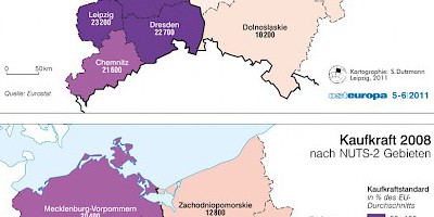Karte: Deutsch-polnisches Grenzgebiet: BIP pro Kopf und Kaufkraft 2008