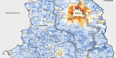 Karte: Ostdeutschland: Relative Bevölkerungsentwicklung 2000–2006