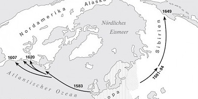 Karte: Phasenverschiebung: Englands maritimer und Rußlands kontinentaler Zugriff auf Nordamerika