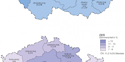 Karte: Tschechien: Parlamentswahlen 2017 – Stimmenanteil von ANO und ODS