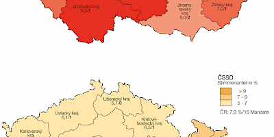 Karte: Tschechien: Parlamentswahlen 2017 – Stimmenanteil von KSČM und ČSSD