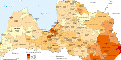 Karte: Lettland: Parlamentswahlen 2011 – Stimmenanteil von Saskanas Centrs