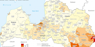 Karte: Lettland: Anteil der Russophonen nach Bezirken 2011