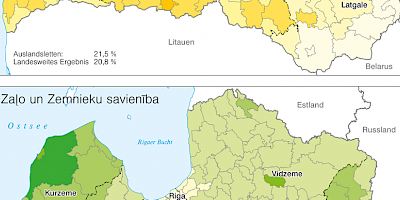 Karte: Lettland: Parlamentswahlen 2011 – Stimmenanteil von Nacionãlã Apvienîba und Zaļo un Zemnieku savienîba