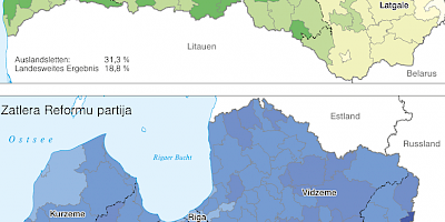 Karte: Lettland: Parlamentswahlen 2011 – Stimmenanteil von Vienotîba und Zatlera Reformu partija