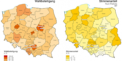 Karte: Polen: Wahlen zum Sejm 2011 – Wahlbeteiligung und Stimmenanteil RP