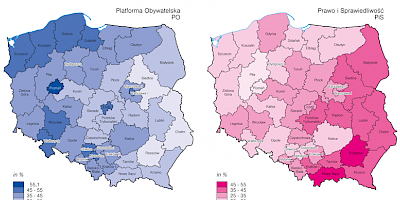Karte: Polen: Wahlen zum Sejm 2011 – Stimmenanteil von PO und PiS