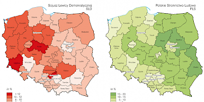 Karte: Polen: Wahlen zum Sejm 2011 – Stimmenanteil von SLD und PLS