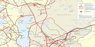 Karte: Zentralasien: Erdgas – Gasfelder und Pipelines