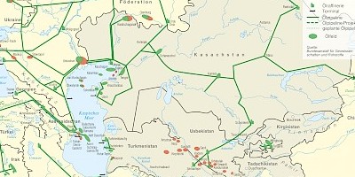 Karte: Zentralasien: Erdöl – Ölfelder und Pipelines