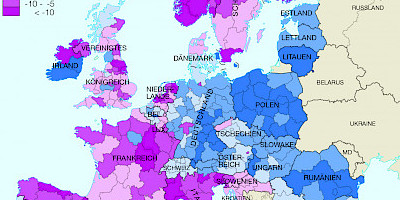 Karte: Europa: Entwicklung der Wirtschaftskraft 2007-2016 nach NUTS-2-Region