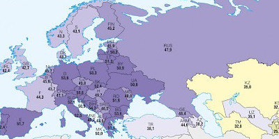 Karte: Europa: Durchschnittsalter der Bevölkerung 2050