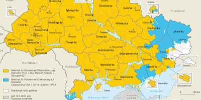 Karte: Ukraine: Parlamentswahlen Oktober 2014 – Ost/West-Orientierung der gewählten Parteien
