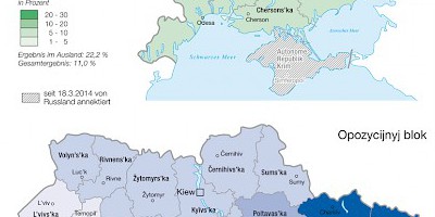 Karte: Ukraine: Parlamentswahlen Oktober 2014 – Stimmenanteil von Samopomič und Opozycijnyj blok